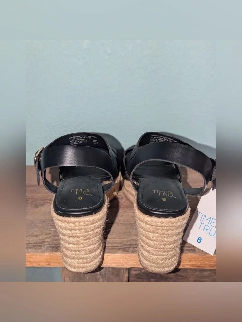 Time and Tru Black Espadrille Wedge Sandals with Ankle Buckle